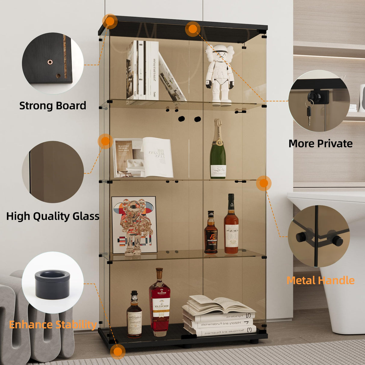 LFT HUIMEI2Y 4-Shelf Brown Glass Display Cabinet with Double Doors, Curio Cabinets Tempered Glass Floor Standing Bookshelf for Bedroom, Kitchen, Living Room 64”x 17”x 14.5” Black LFT HUIMEI2Y