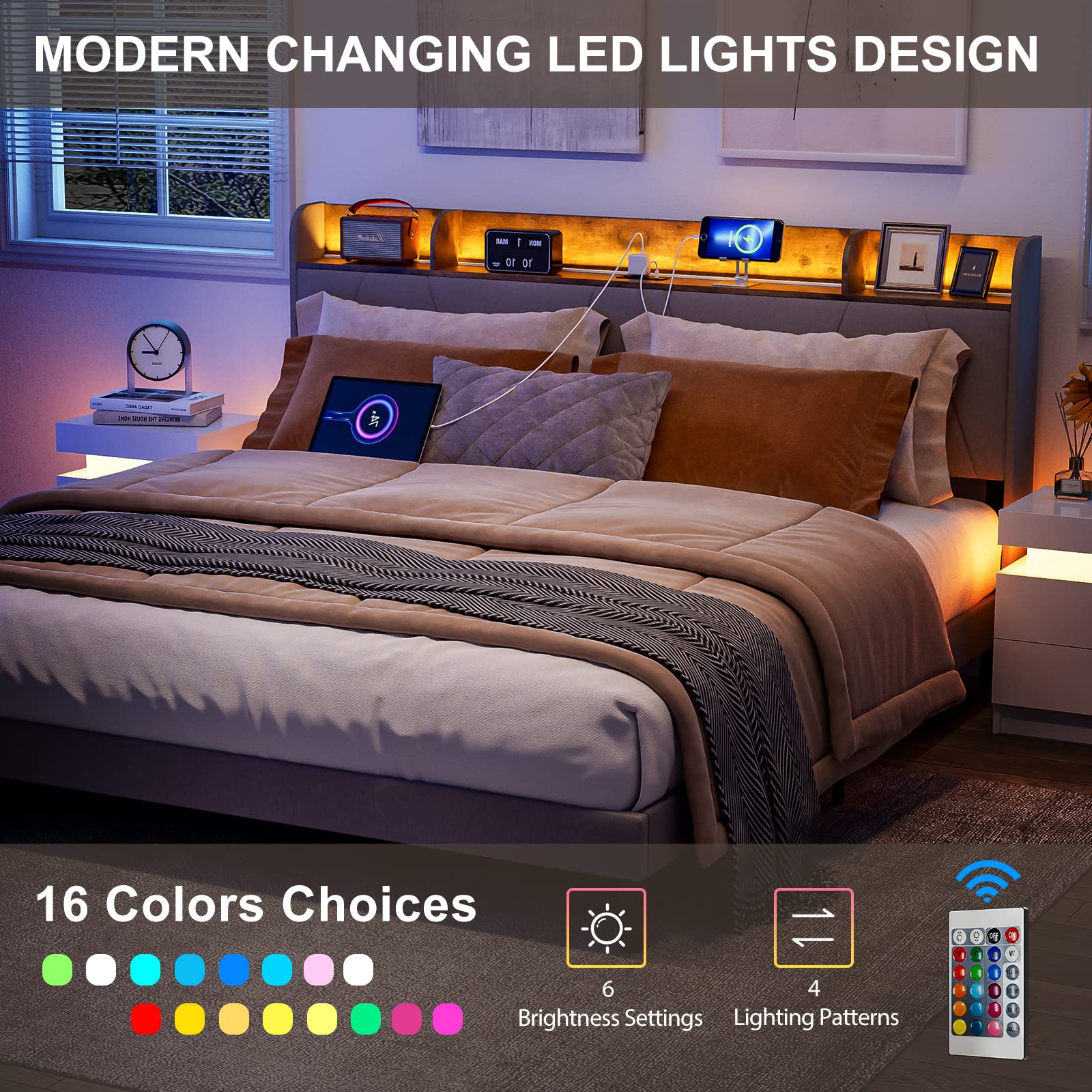 IKIFLY California King Upholstered Bed Frame with LED Lights, Charging Station & Storage Headboard - Light Brown - WoodArtSupply