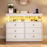 YITAHOME 6 Drawer Dressers with LED Lights and with Charging Station, Wood Dressers Chests of Drawers, Modern Dresser with Open Shelf Storage for Room, Entryway, Hallway, White YITAHOME