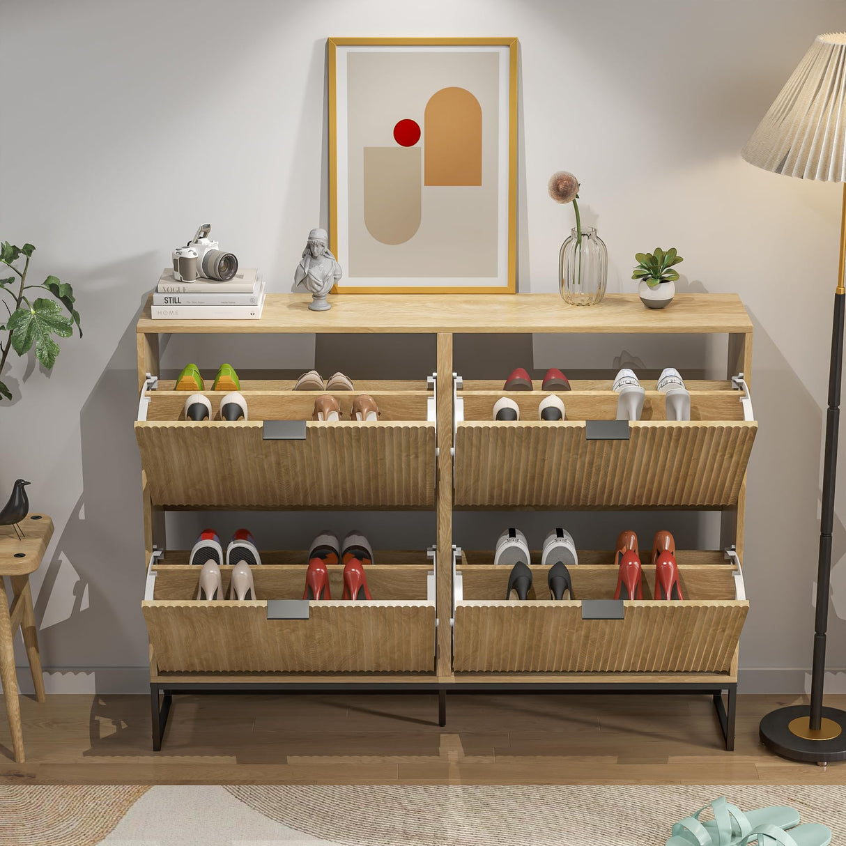 Jluomei Shoe Cabinet Storage for Entryway Slim Modern Shoe Rack Cabinet with 4 Flip Drawers Tipping Wooden Narrow Shoe Cabinet Freestanding Fluted Shoe Organizer for Living Room, Wood Jluomei