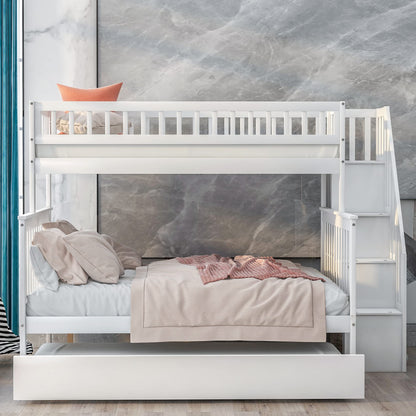 CITYLIGHT White Twin Over Full Bunk Bed with Trundle and Storage Stairway - WoodArtSupply