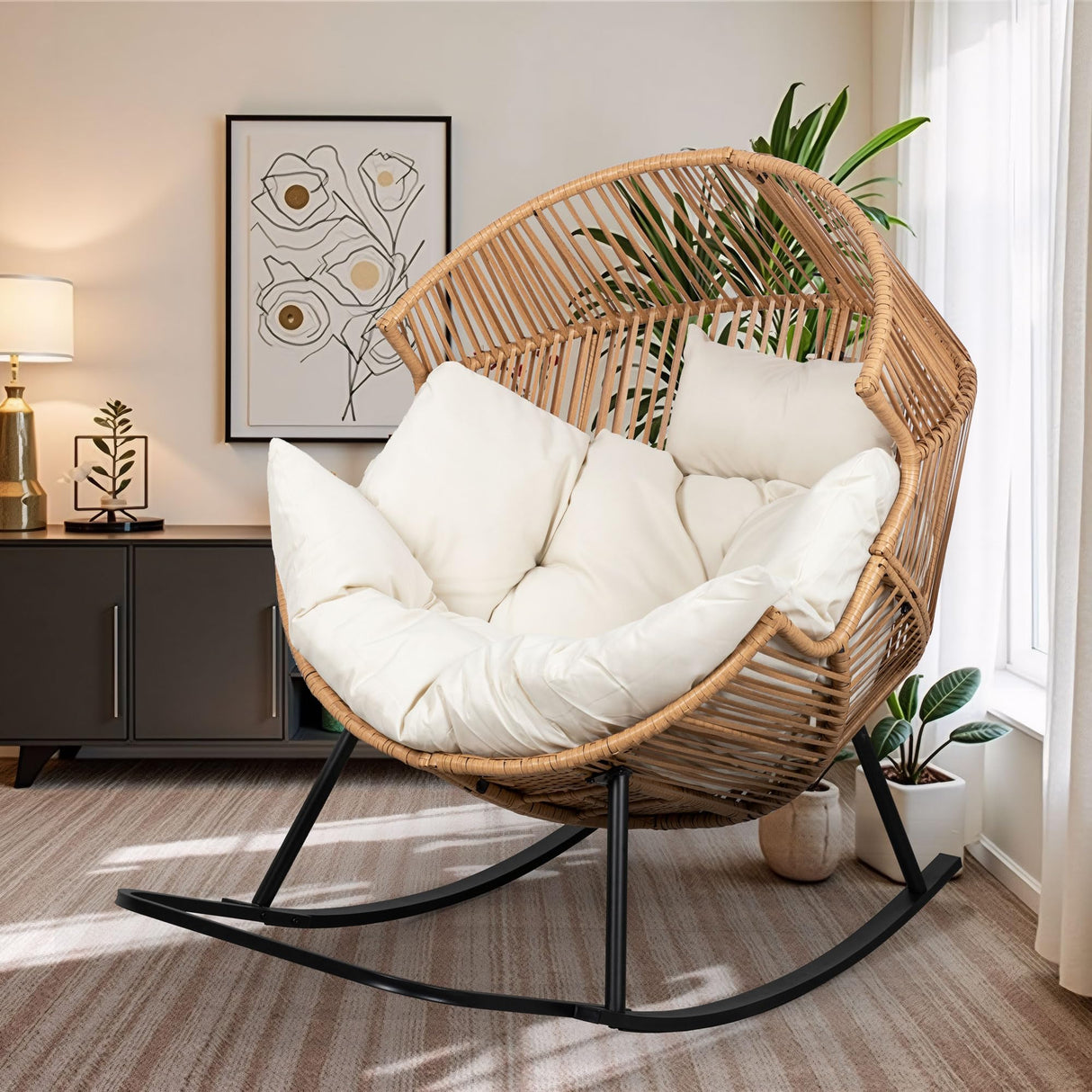 Shintenchi Wicker Egg Chair,Oversized Outdoor Indoor Rocking Chair,Large PE Rattan Rocking Chair with Cushion for Patio, Balcony, Backyard, Garden, Beige Shintenchi