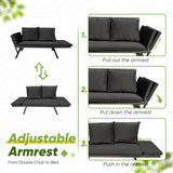 Greesum Outdoor Sofa, Woven Rattan Patio Furniture, Convertible Daybed or Double Chair with Adjustable Armrests, Cushions and Pillows for Yard, Porch, Pool, Black Lounger & Black Pillowcase Greesum