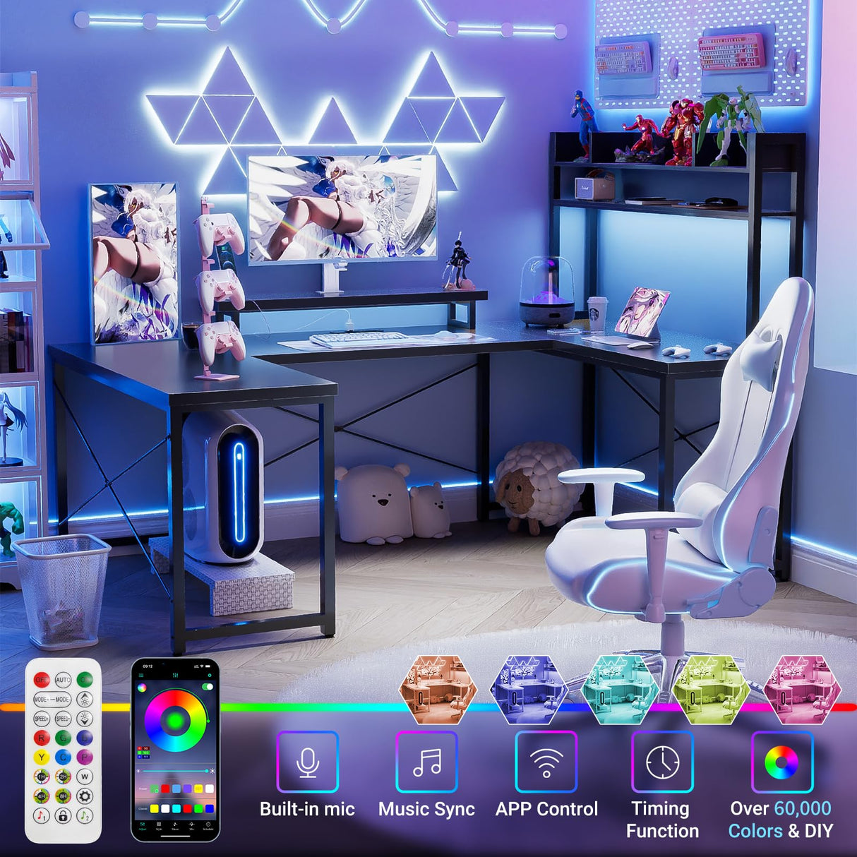 Unikito U Shaped Desk with Hutch, Reversible L Shaped Computer Desk with Power Outlets and LED Strip, Large Office Table with Monitor Stand, Large U Shape Gaming Desk, Black Unikito