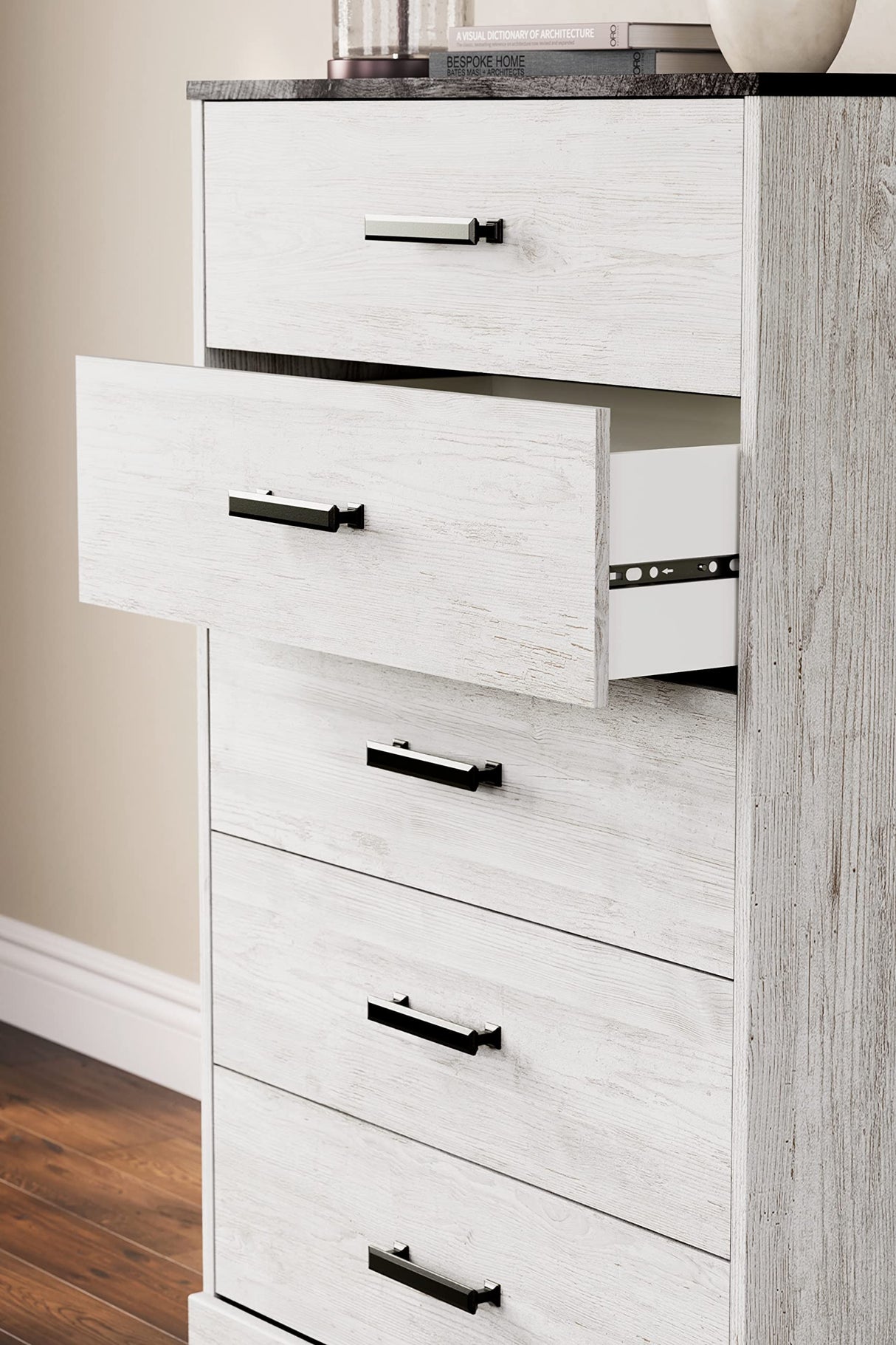 Signature Design by Ashley Shawburn Rustic 5 Drawer Chest of Smooth-Gliding Drawers and Safety Stop, White & Gray Signature Design by Ashley