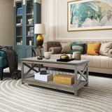 Rainbow Sophia Coffee Table, Modern Farmhouse Wood Coffee Table with 2-Tier Storage, 40 Inch, Washed Oak Rainbow Sophia