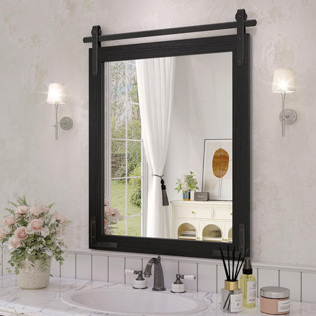 JIINGYO Black Farmhouse Mirror for Wall, 22x30 Inch Wood Framed Rectangle Bathroom Vanity Mirror, Barn Door Style Mirrors Decor Mirror for Living Room Bedroom Entryway JIINGYO