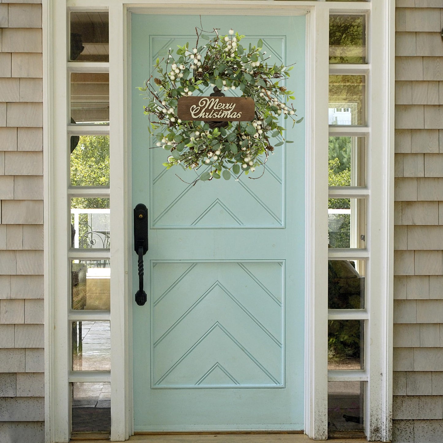 Christmas Wreath, Christmas Wreaths for Front Door, Winter Eucalyptus Wreath with Pine Cone and White Berry Wreath for Indoor Outdoor Farmhouse Wall Window Home Decoration.