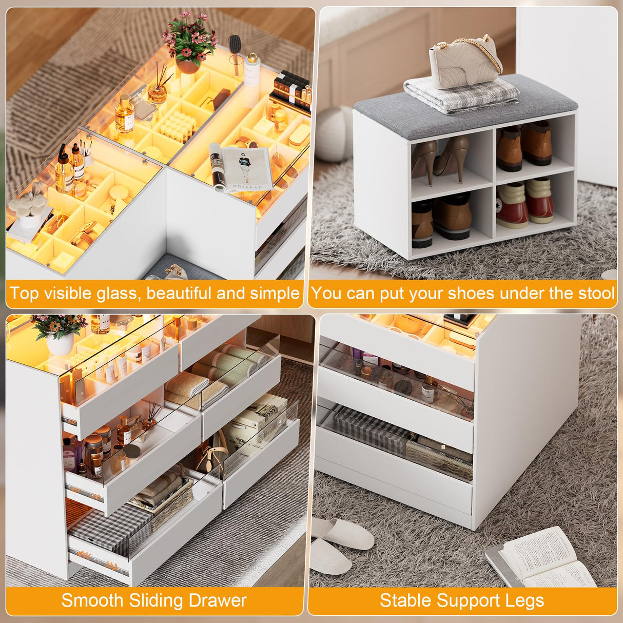 PakaLife Armoire Wardrobe Closet Island with 9 Drawers,Led Lights,Glass Tabletop,Bedroom Island with Jewelry Organizer,Storage Bench with Cushion,Island Dresser with Display Shelf for Fitting Room PakaLife