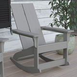 Flash Furniture Finn Modern Commercial Grade Poly Resin Wood Adirondack Rocking Chair - All Weather Gray Polystyrene - Dual Slat Back - Stainless Steel Hardware Flash Furniture