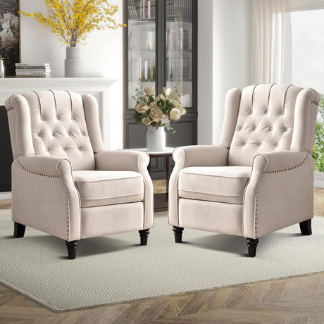 EBELLO Pushback Recliner Chair, Fabric Armchair Push Back Recliner with Rivet Decoration, Mid Century Wingback Accent Chair for Living Room, Bedroom, Beige EBELLO