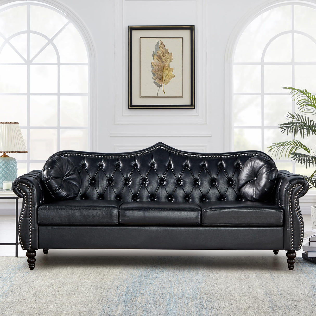 AVZEAR 82" Three Seater Leather Sofa, Chesterfield Sofa, Mid-Century Modern PU Upholstered Sofa Couch, Deep Button Tufted Living Room Sofa with Two Throw Pillows, Black AVZEAR