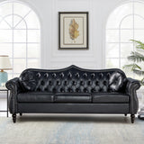 RUSTYER Chesterfield Three Seater Sofa, Mid-Century Modern Faux Leather 3-Seater Upholstered Couch, Tufted Living Room Sofa with 2 Pillows and Button Nailhead, Black RUSTYER