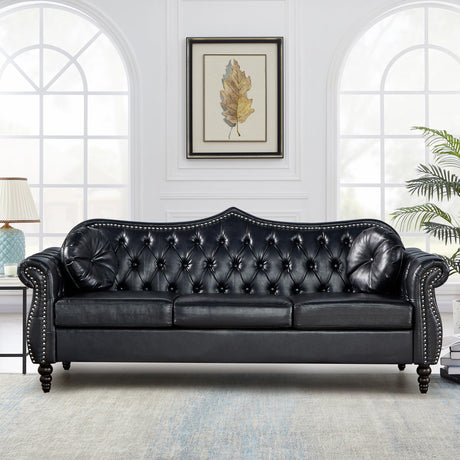 RUSTYER Chesterfield Three Seater Sofa, Mid-Century Modern Faux Leather 3-Seater Upholstered Couch, Tufted Living Room Sofa with 2 Pillows and Button Nailhead, Black RUSTYER