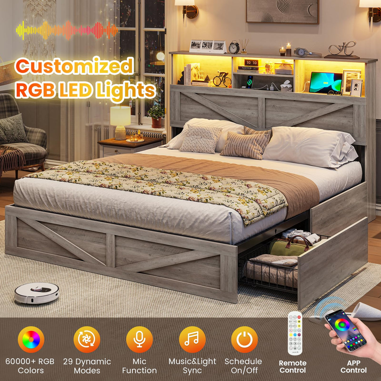 VIAGDO Farmhouse Bed Frame Queen Size with Bookcase Storage Headboard, Charging Station and LED Lights, Wooden Queen Bed Frame with 4 Drawers, Barn Door Design, No Box Spring Needed, No Noise, Grey VIAGDO