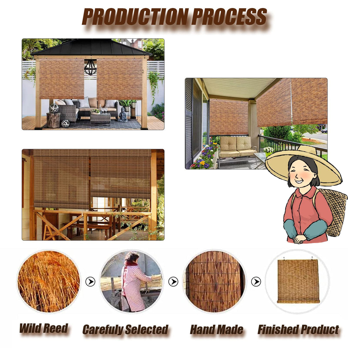 Outdoor Bamboo Shades for Patio Bamboo Roll Up Blinds, Bamboo Roll Up Shades Reed Shades Bamboo Roller Blinds Patio Shades Roll Up Outdoor for Indoor/Outdoor Privacy 30×59in（W×H） Brown OCAZI