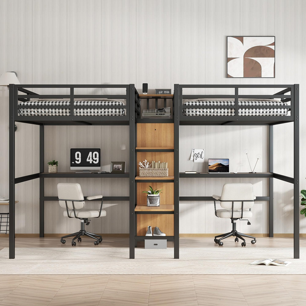 LUMISOL Loft Bed Twin Size with Desk, Metal Double Loft Bed Frame with Charging Station, Wardrobe & Storage Shelves, Noise Reduced, Black+Natural Wood LUMISOL