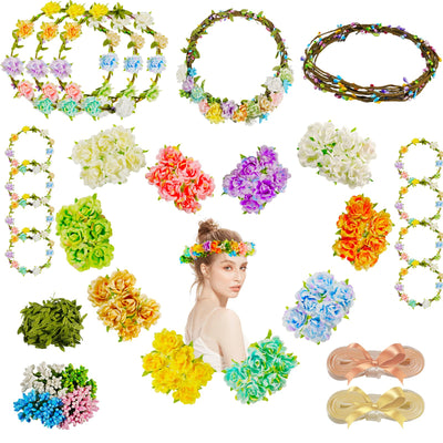 Timlotti 141Pcs(30 Set) Flower Crowns Kit for Girls Flower Crowns Making Kit Make Your Own Floral Crowns Garland Wreath with Berries and Ribbon for Girls/Teens/Women(Blooming Rose)