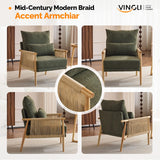 VINGLI Boho Braid Accent Armchairs Set of 2,Mid-Century Modern Chiars with Solid Wooden Armrest,Comfy Louge Cushion Chairs with Waist Pillow for Bedroom,Living Room,Reading Room, Dark Green VINGLI