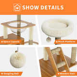 55'' Wood Cat Tree Modern Multi-Level Cat Tree Tower for Indoor Small & Large Cats with 2 Space Capsules Sisal Scratching Post Wooden Cat Condo Plush Top Perch and Dangling Toy Balls OUTGOODS