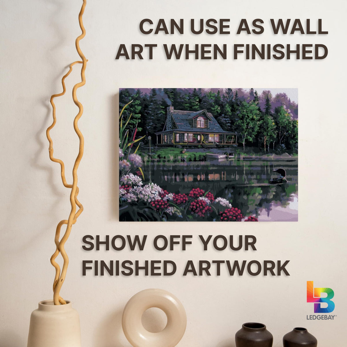 Ledgebay DIY Paint by Numbers Kit for Adults Framed Canvas Beginner to Advanced Paint by Numbers Kit Kits Include Acrylic Paint Set Brushes Tabletop Easel (Still Waters 12" x 16" Framed) Ledgebay