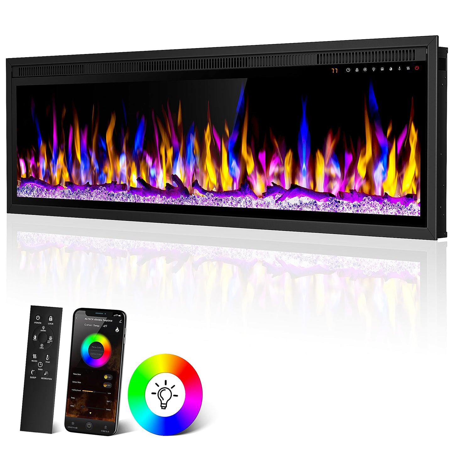 Smart 60" WiFi-Enabled Electric Fireplace Heater, Recessed in-Wall and Wall-Mounted Linear Fireplace,Compatible with Alexa,13 Adjustable Flame Color and 5 Brightness,1500/750 Watt Heater,Black