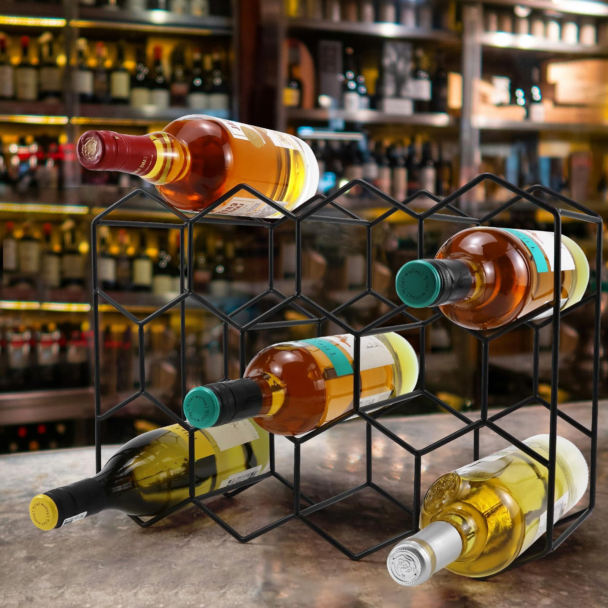 Luoieo 14 Bottles Black Wine Rack Countertop,Geometric Stainless Steel Wine Bottle Holder,3Tier Wine Racks for Cabinet,Pantry,Bar,Table,No Assembly Required Luoieo