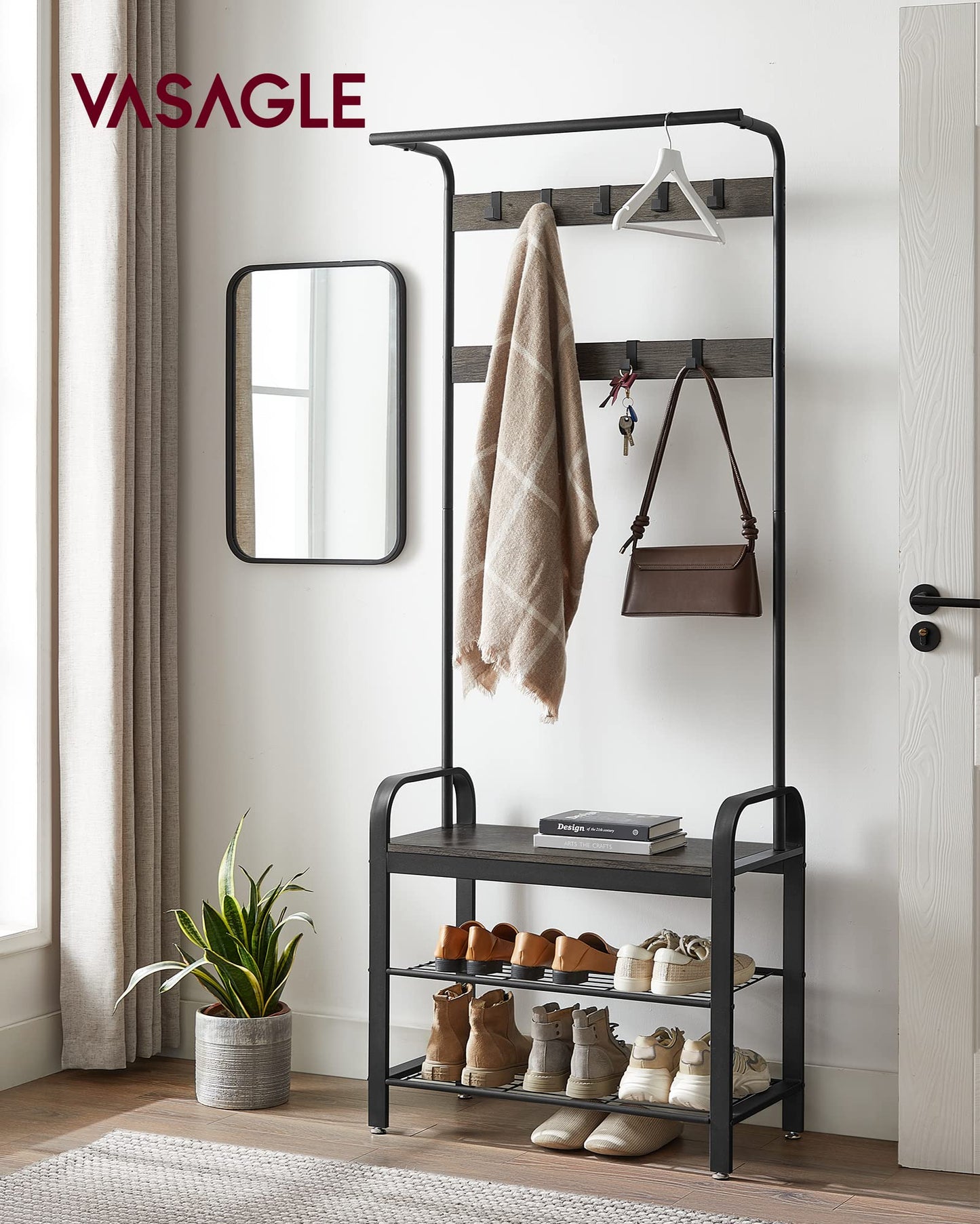 VASAGLE Coat Rack, Hall Tree with Shoe Bench for Entryway, Entryway Bench with Coat Rack, 4-in-1, with 9 Removable Hooks, a Hanging Rod, 13.3 x 28.3 x 72.1 Inches, Charcoal Gray and Black UHSR040B04