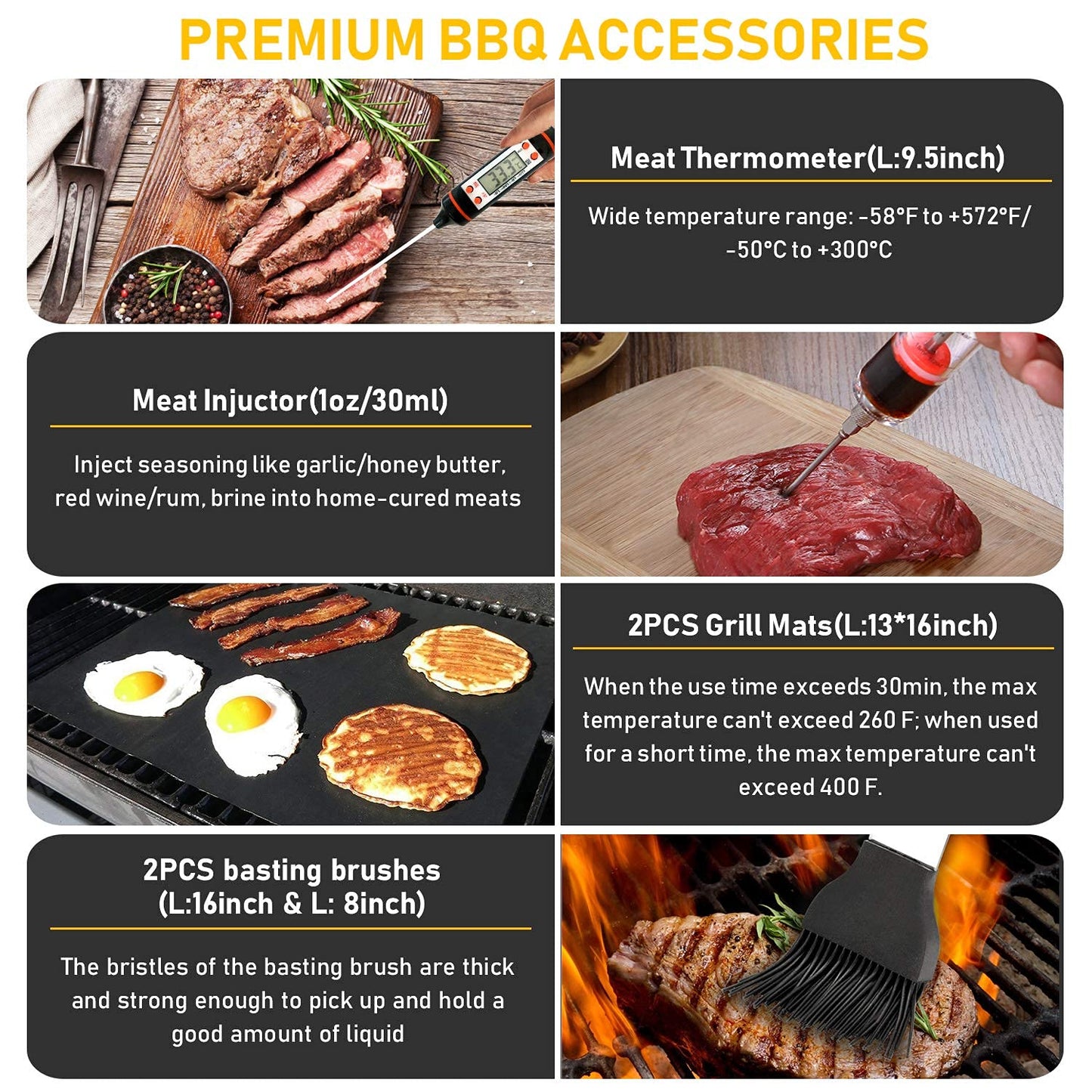 34Pcs Grill Accessories Grilling Gifts for Men, 16 Inches Heavy Duty BBQ Accessories, Stainless Steel Grill Tools with Thermometer, Grill Mats for Backyard, BBQ Set for Men Women