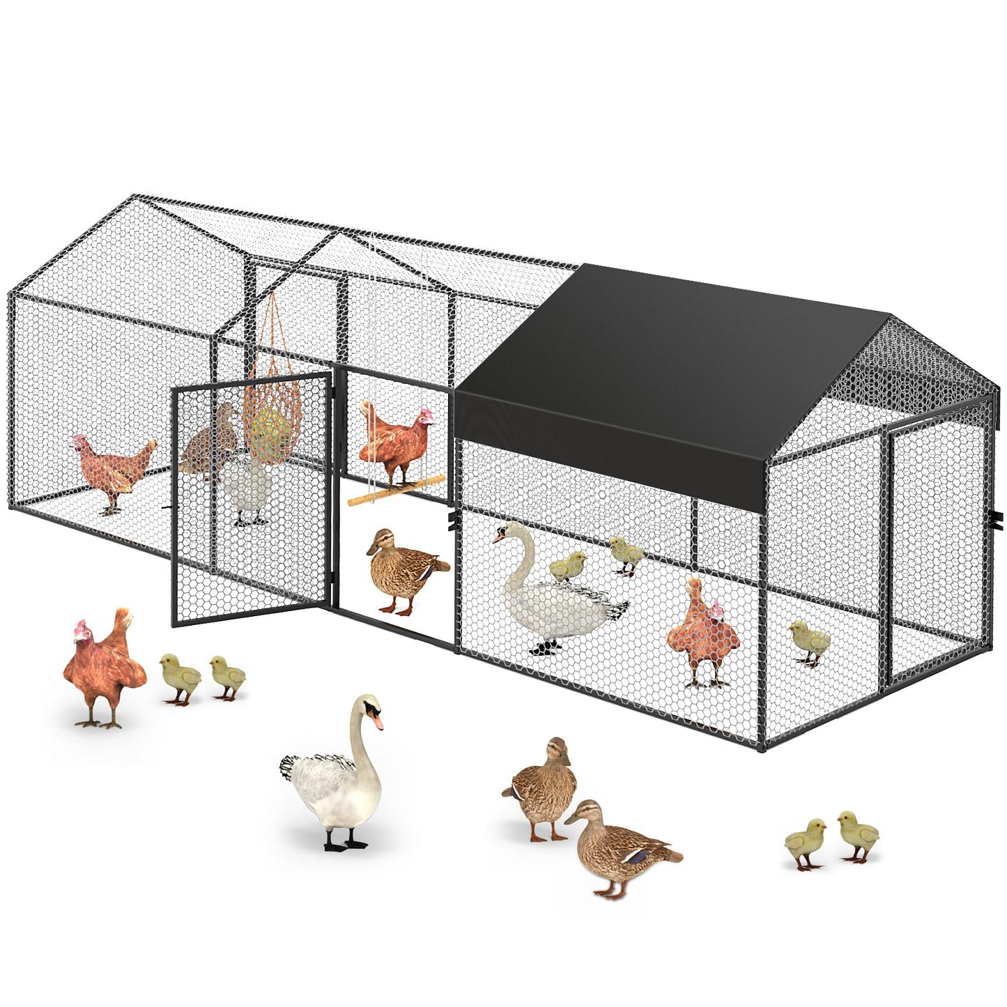 Large Metal Chicken Coop 120"×40"×40" Heavy Duty Chicken Run Hen House with Waterproof Anti-UV Cover for Outdoor Chicken Pens with Chicken Swing - WoodArtSupply