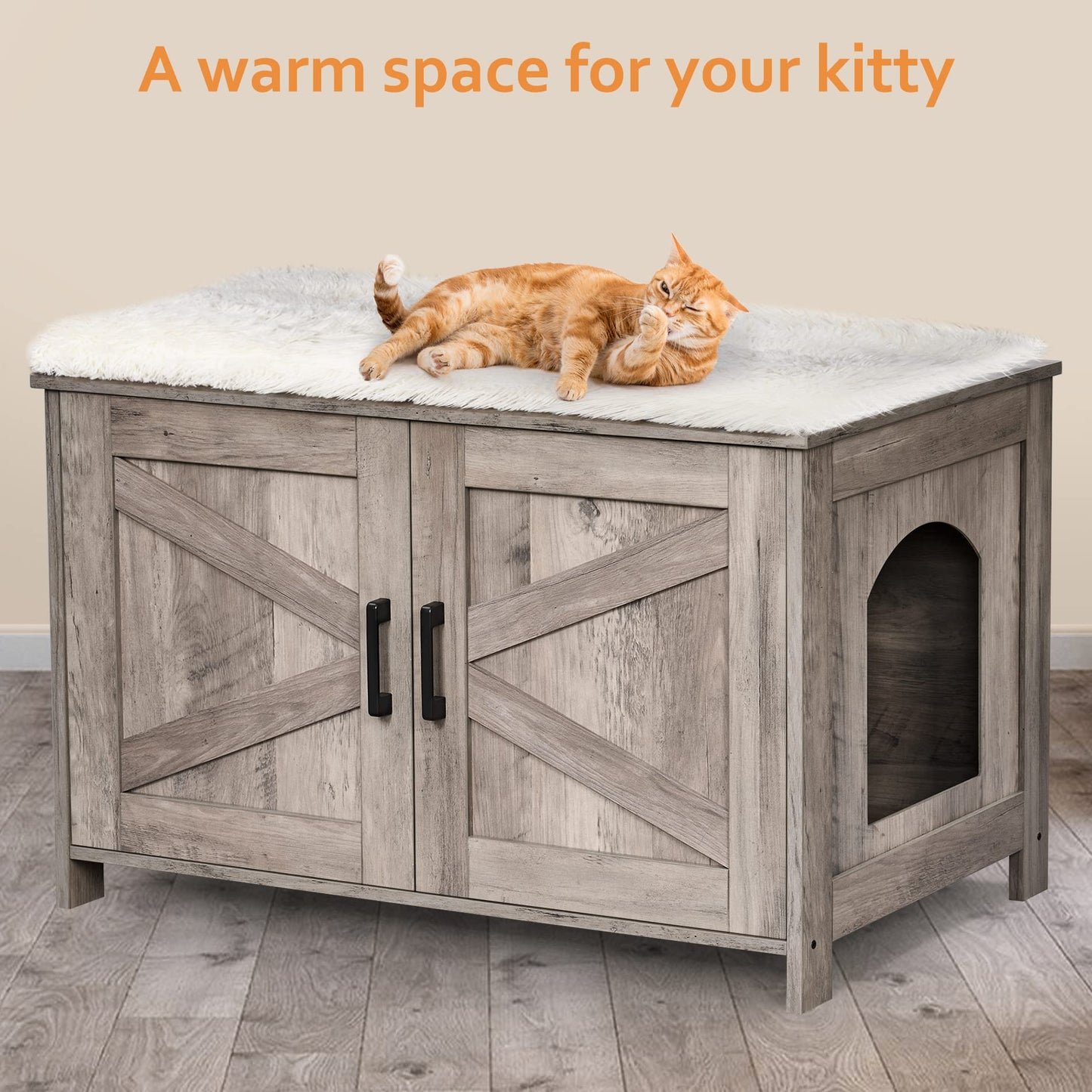 Homhedy Cat Litter Box Enclosure,Litter Box Furniture Hidden with Barn Door,Wooden Cat Washroom Furniture,Cat House,Fit Most of Litter Box, Greige - WoodArtSupply