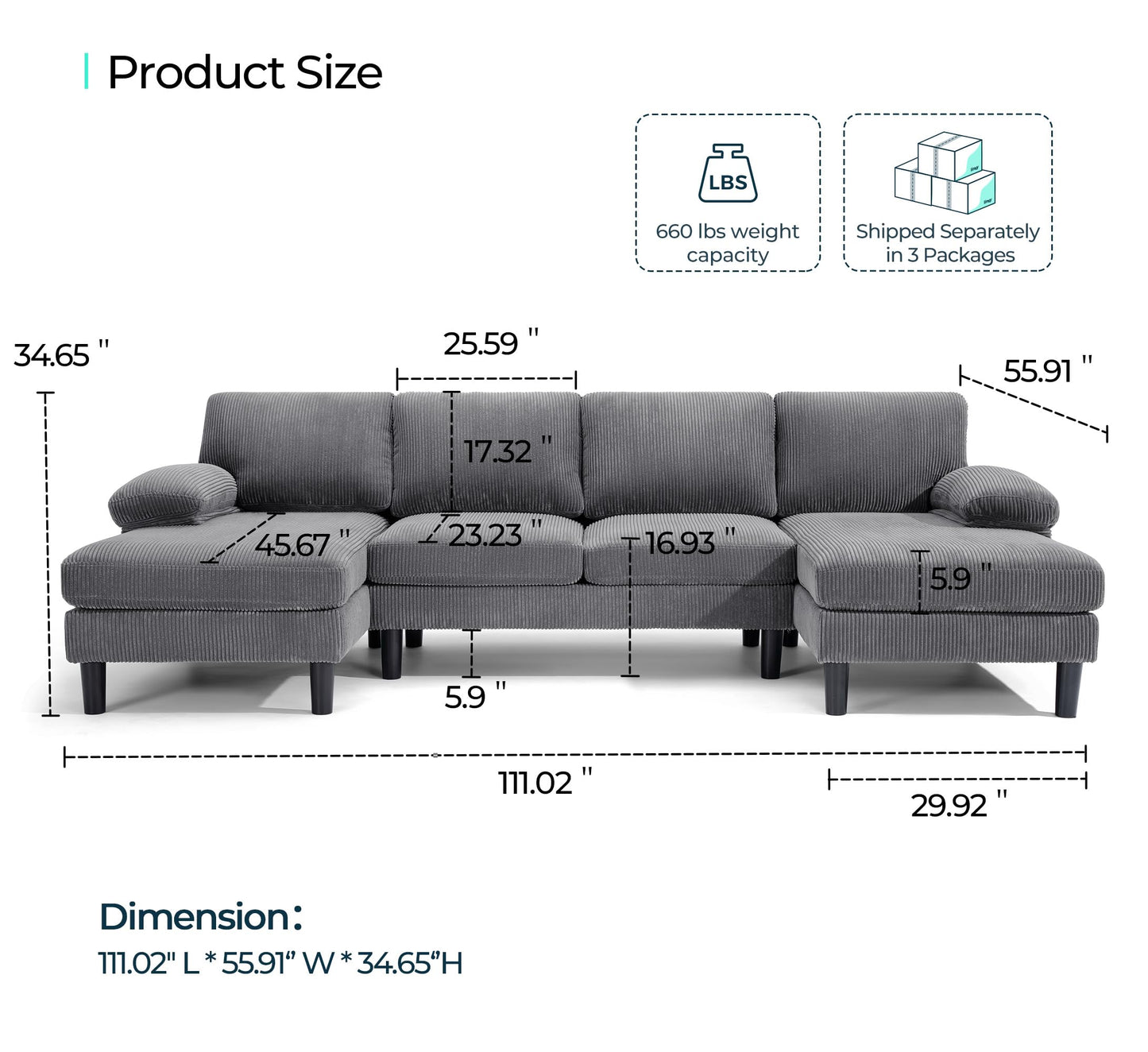 LINSY HOME Convertible Sectional Couch, Corduroy U-Shaped Sofa Couch with Double Chaises and Sleepable Armrests, 4-Seat Deep Sofa Set for Living Room, Dark Grey