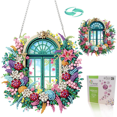 Flower-Window Diamond Painting Kits for Adults, DIY Pendant Diamond Art Kits for Beginners, 5D Special Shape Full Drill Hanging Diamond Gem Art Painting Kits for Window Suncatchers for Home Wall Decor