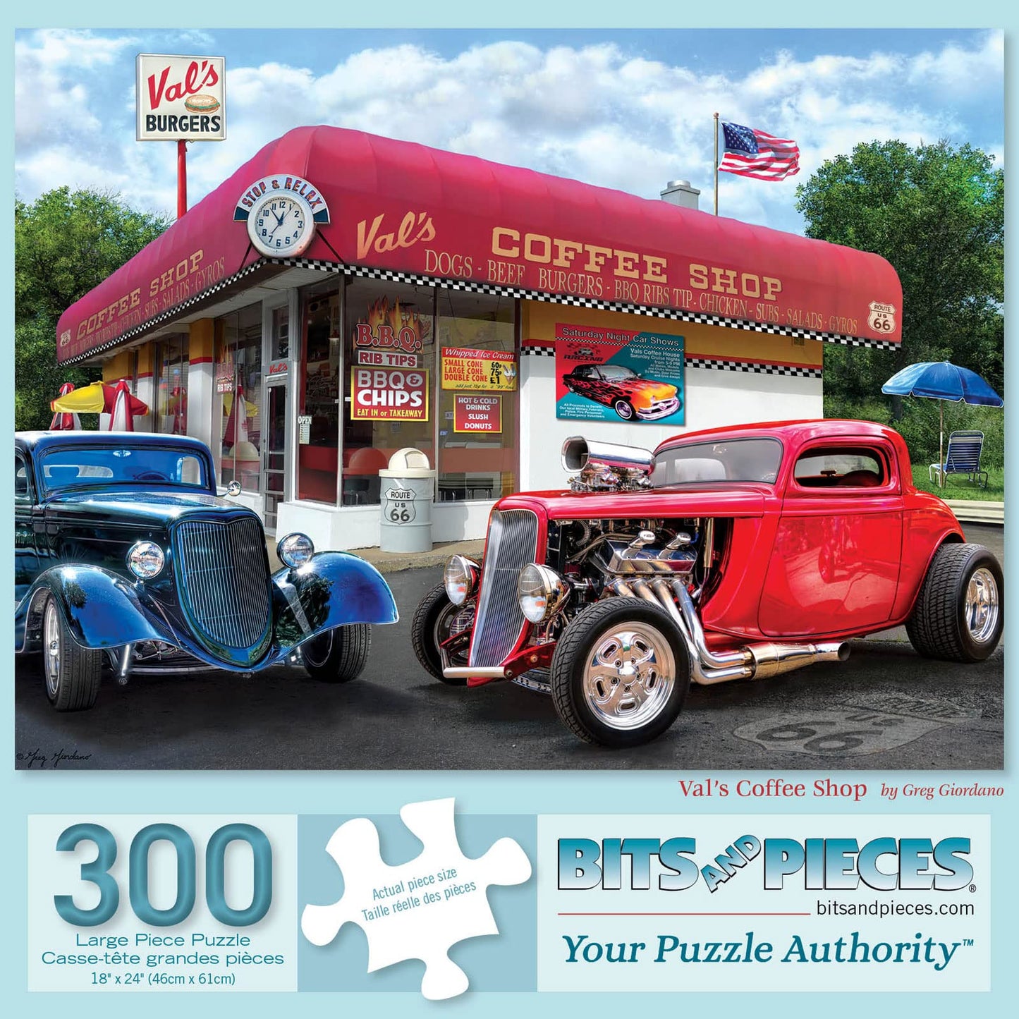 Bits and Pieces – Large 300 Piece Jigsaw Puzzle for Adults – Val's Coffee Shop - Classic Americana Car Stop Restraunt Jigsaw Puzzle by Artist Greg Giordano, Completed Puzzle Size: 18" x 24"