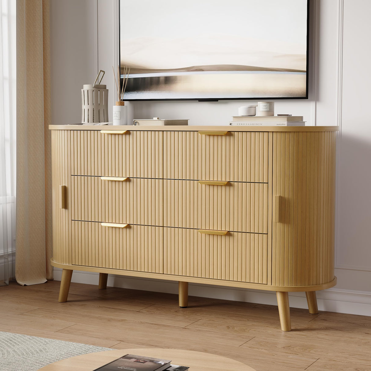 Decofy Fluted 6 Drawers Dresser, 55'' Wide Mid Century Modern Chest of Drawers with Sliding Door & Metal Handles, Curved Profile & Sturdy Legs, Wood TV Stand for Bedroom, Living Room (Natural Oak) Decofy