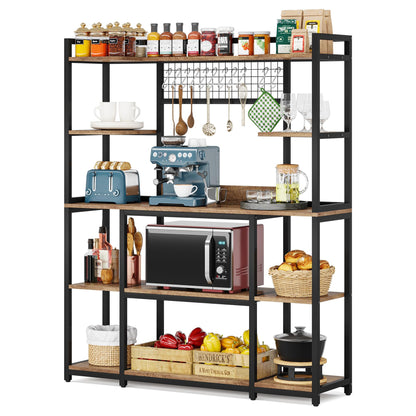 LITTLE TREE 5-Tier Kitchen Bakers Rack, 66.9" Tall Kitchen Hutch Microwave Stand with 11 Hooks, 55" Extra Wide Kitchen Storage Shelf Rack, Wood Baker's Rack for Kitchen, Light Brown and Black