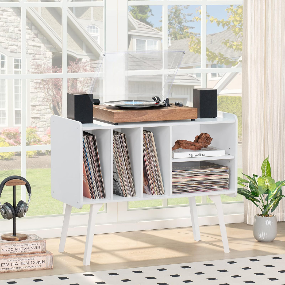 Lerliuo Record Player Stand with 4 Cabinet Holds Up to 220 Albums, Large Turntable Stand with Beech Wood Legs, Mid-Century Record Player Table,White Vinyl Holder Storage Shelf for Bedroom Living Room Lerliuo