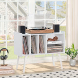 Lerliuo Record Player Stand with 4 Cabinet Holds Up to 220 Albums, Large Turntable Stand with Beech Wood Legs, Mid-Century Record Player Table,White Vinyl Holder Storage Shelf for Bedroom Living Room Lerliuo