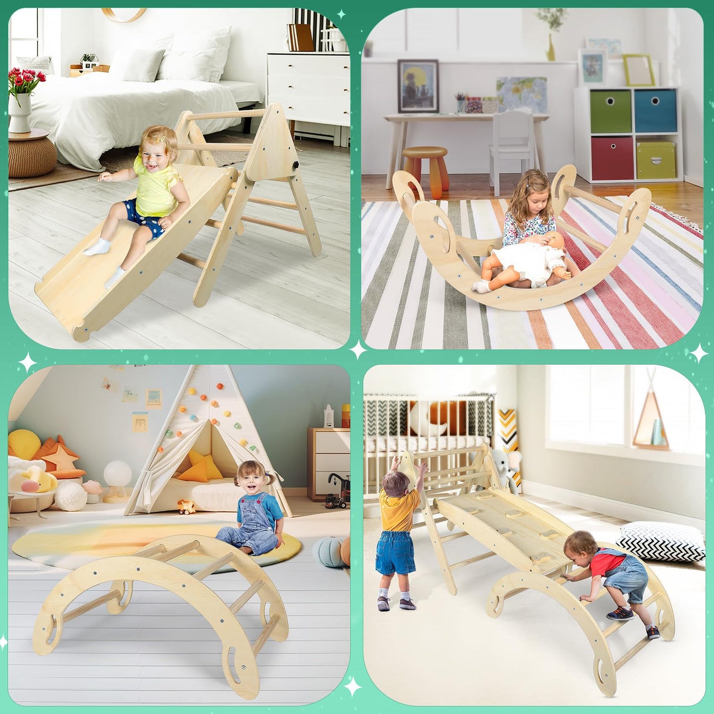 Pikler Triangle Toddler Climbing Toys Set, 5 in 1 Foldable Wooden Indoor Triangle Set with Triangle Ladder, Climbing Ramp, Arch Climber, Rocker, and Slide for Montessori Gym Toys for Kids (Small)