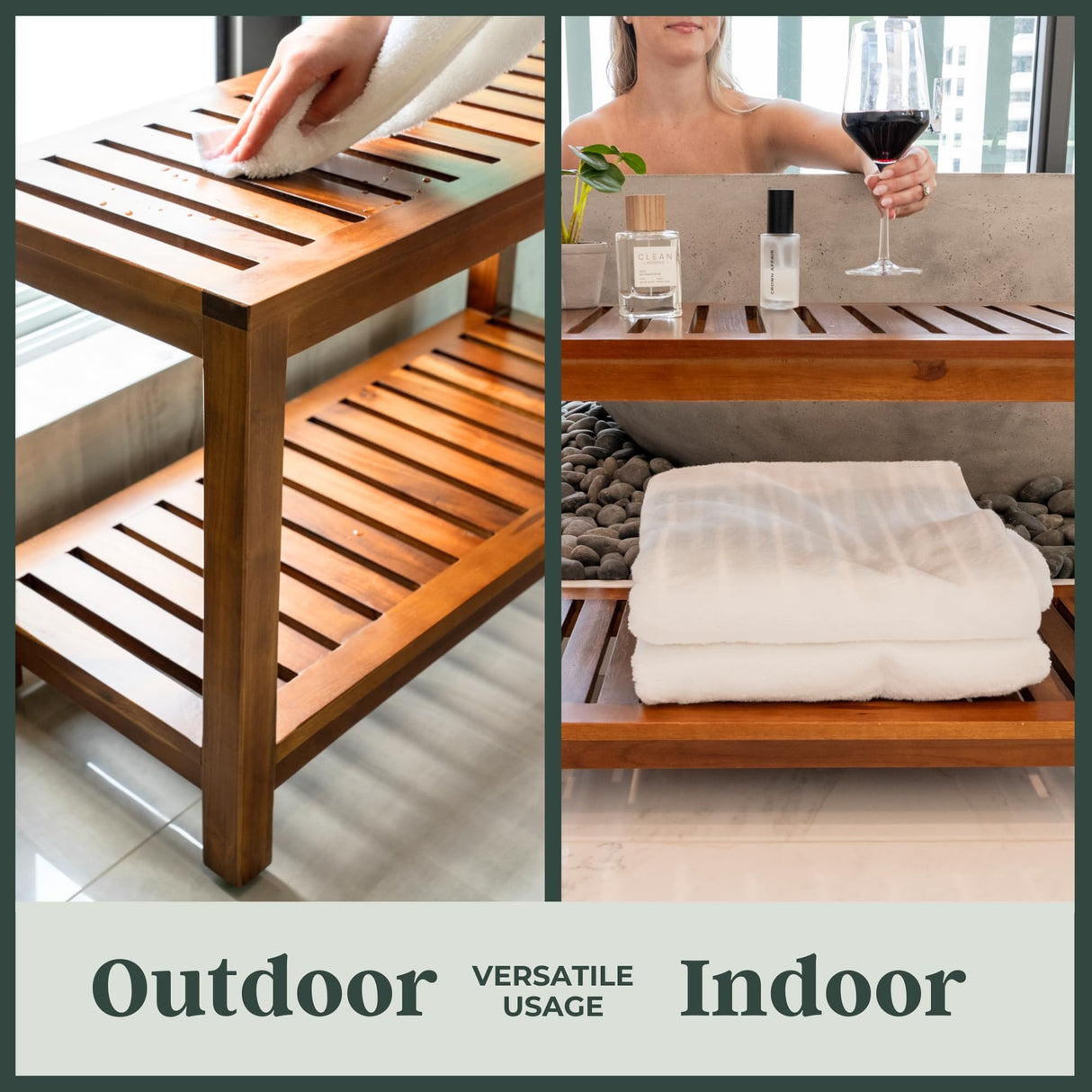 Teak Shower Bench - with Shelf, 25 Inch, Wooden Seat Stool for Bathroom, Spa, Garden, Fully Assembled, The Akar 25 The Teaky Hut