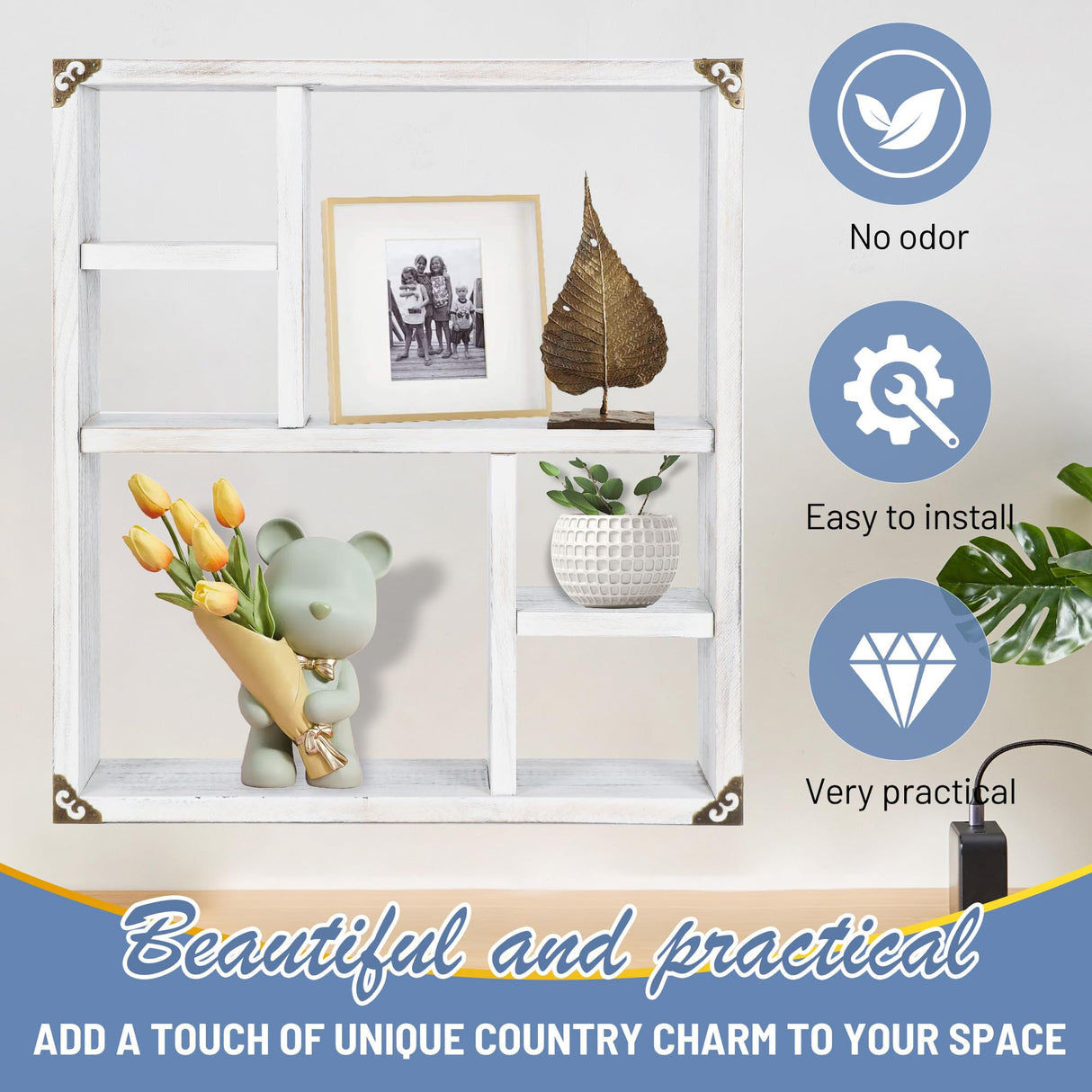 MITREL 17.7x15.7-Inch Shadow Box Display Shelf，6-Slot Rustic Floating Shelves，Larger Wood Trinket Shelf Freestanding Farmhouse Curio Shelf(6C-Rustic White) MITREL