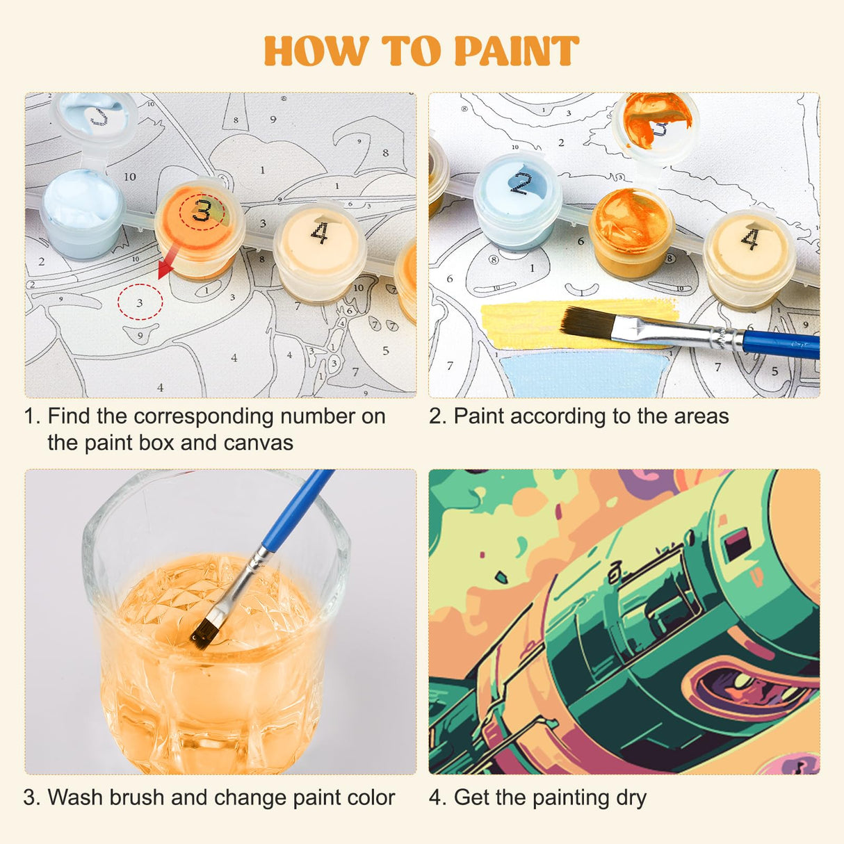 MXJSUA 4 Pack Cartoon Rocket Ship Paint by Numbers Kit with Framed Canvas for Ages 6-12 Kids, Paint by Numbers Kits for Children Beginners, Acrylic Oil Painting for Home Wall Decor Gift (8x8 inch) MXJSUA