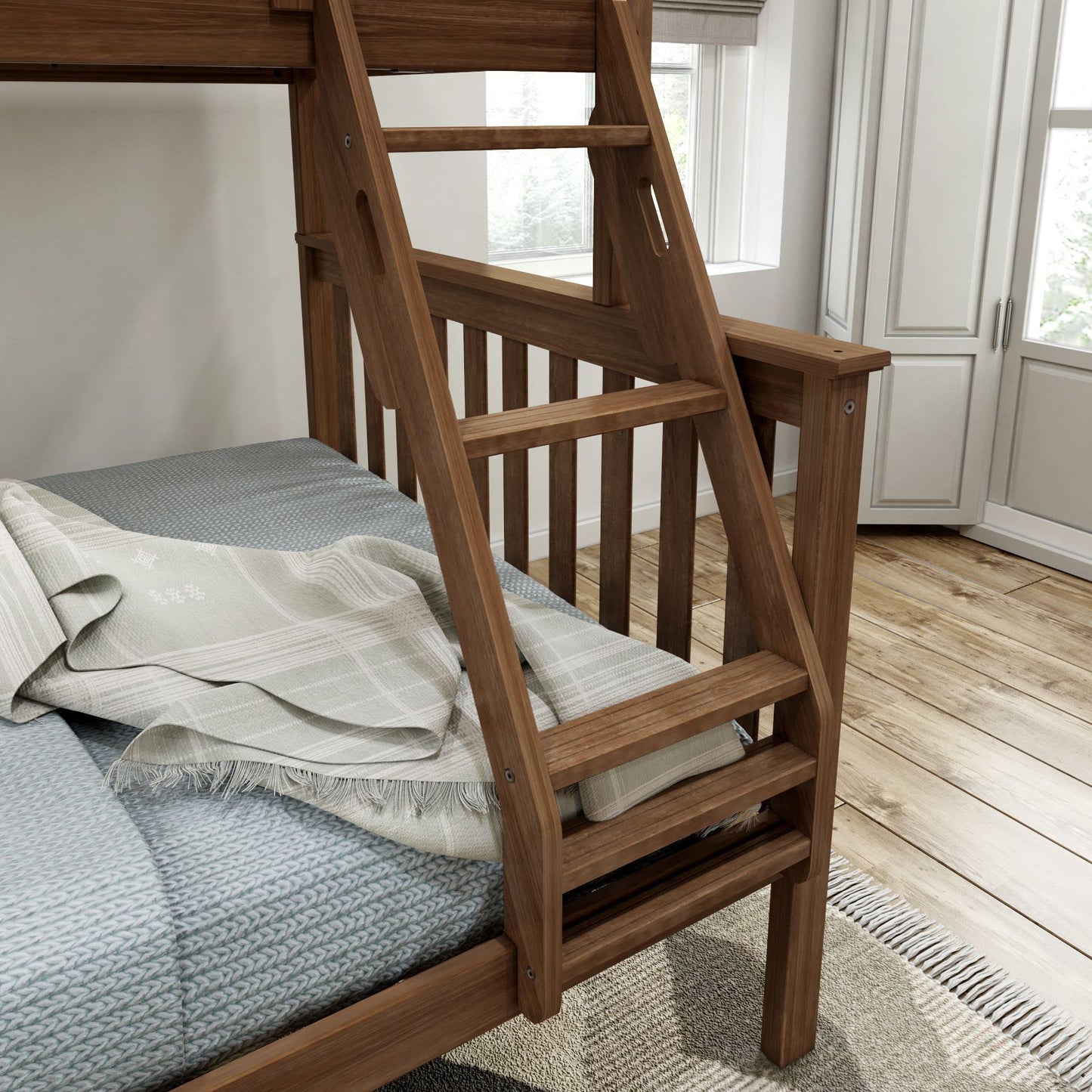 Plank+Beam Walnut Twin Over Full Bunk Bed with Ladder – Solid Wood Space-Saving Frame - WoodArtSupply