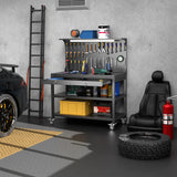Aobabo Metal Workbench with 2 Lockable Drawer, Steel Tube Legs Workbench on Wheels, 3 Levels Workbench with Pegboard &35 Hooks for Garage Warehouse Utility Room, Black Tool Bench, Assembly Required Aobabo