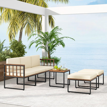 Tangkula 6 Pieces Acacia Wood Patio Furniture Set, Patiojoy Outdoor Sectional Conversation Sofa Set with Cushions, Coffee Table and Ottomans, Patio Seating Sofas for Garden, Poolside, Backyard (Beige)