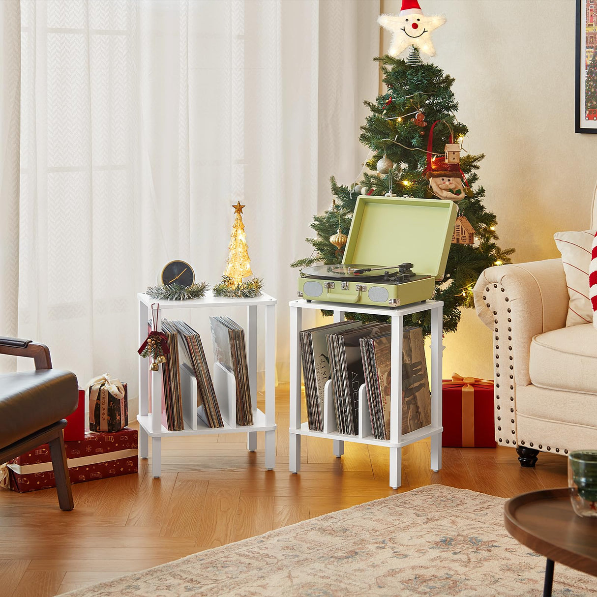 LELELINKY 2-Tier Record Player Stand with Vinyl Record Storage up to 100 Albums, Bedroom Record Holder and Multi-Functional End Table for Living Room, White LELELINKY