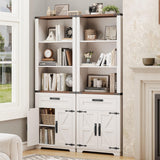 Vabches Bookshelf with Storage Cabinet, Farmhouse Bookshelf with Adjustable Shelves Tall Bookcase with Barn Doors and Drawer Freestanding Display Book Shelf for Office Living Room (Antique White) Vabches