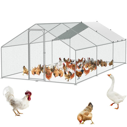 VEVOR Large Metal Chicken Coop, 19.3x9.8x6.5ft Walk-in Chicken Runs for Yard with Cover, Spire Roof Hen House with Security Lock for Outdoor and Backyard, Farm, Duck Rabbit Cage Poultry Pen