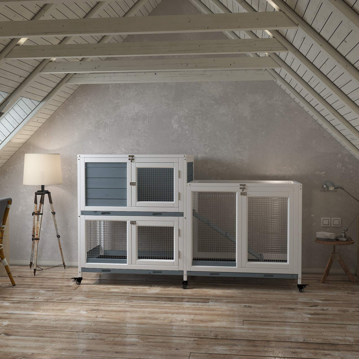 GDLF Two Floors 58" Wooden Indoor Bunny Hutch Rabbit Cage on Wheels Guinea Pig PET House for Small to Medium Animals Waterproof No Leak Tray GDLF