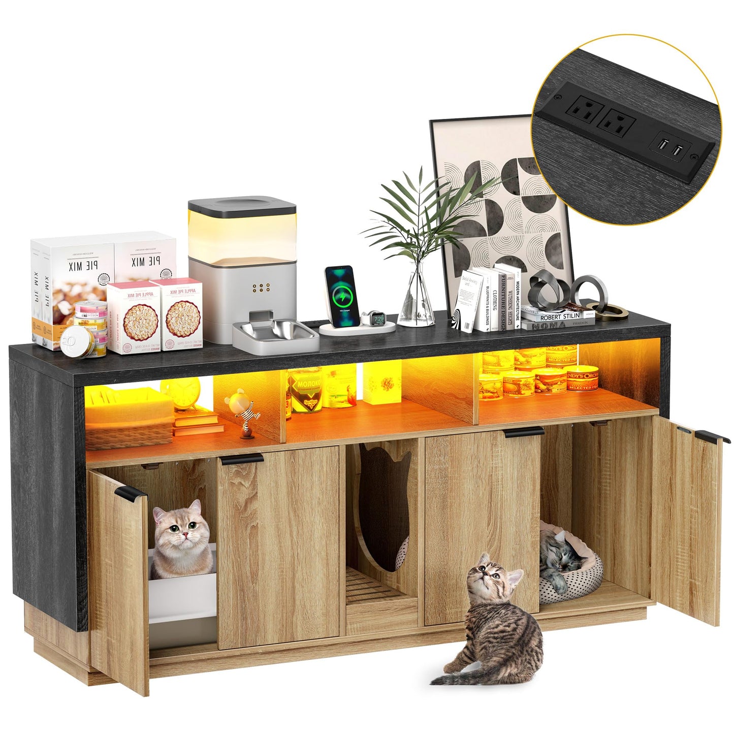 DWVO Cat Litter Box Enclosure for 2 Cats, Litter Box Furniture Hidden with Power Outlet & LED Light, Wooden Cat Cabinet TV Stand Furniture w Double Rooms for Indoor Cats, 59" L x15.7 W x27.5 H, Oak